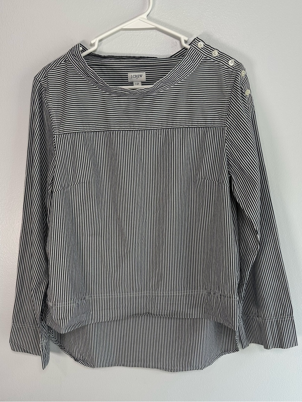 J. Crew Black Funnel neck Striped Button-Shoulder Top high low hem size 12